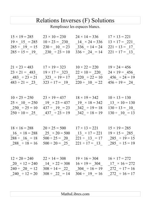 Relations Inverses -- Multiplication et Division (Toutes Opérations Inverses) -- Variation 10 à 25 (F) page 2