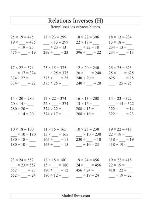 Relations Inverses -- Multiplication et Division (Toutes Opérations Inverses) -- Variation 10 à 25 (H)