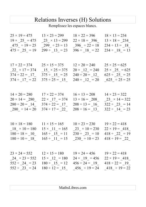 Relations Inverses -- Multiplication et Division (Toutes Opérations Inverses) -- Variation 10 à 25 (H) page 2
