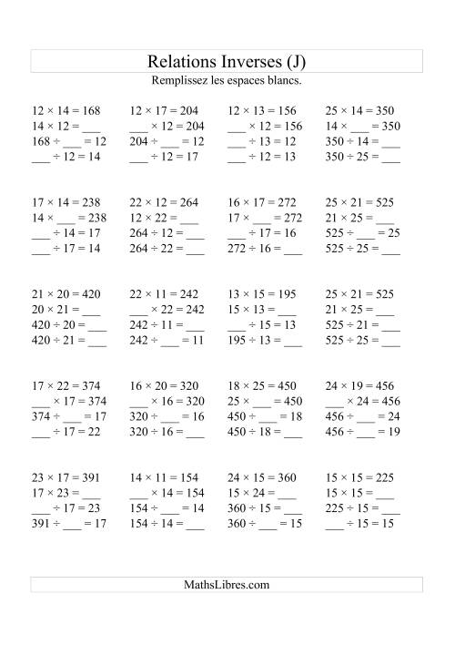 Relations Inverses -- Multiplication et Division (Toutes Opérations Inverses) -- Variation 10 à 25 (J)