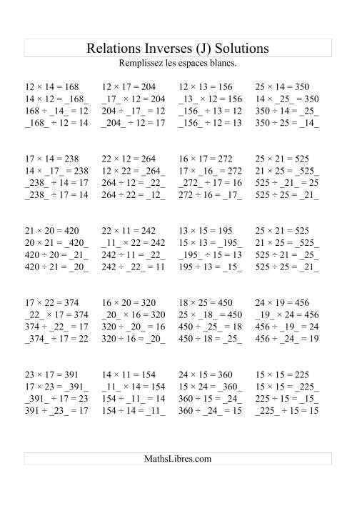 Relations Inverses -- Multiplication et Division (Toutes Opérations Inverses) -- Variation 10 à 25 (J) page 2