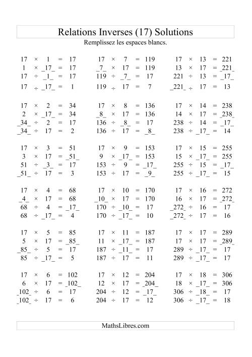 Relations Inverses -- Multiplication et Division -- Un Chiffre Vedette par Page -- 17 (Q) page 2