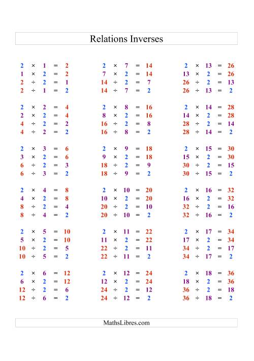 Toutes Relations Inverses en Couleur pour les Règles de Multiplication et de Division de 1 à 18 page 2
