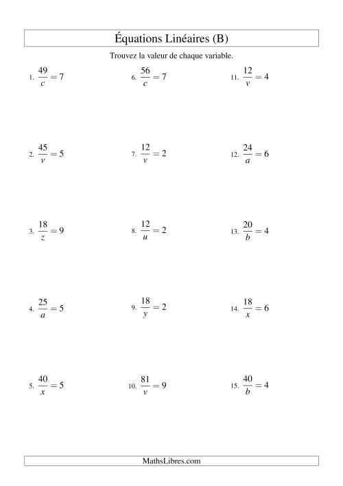 Résolution d'Équations Linéaires -- Forme a/x = c (B)