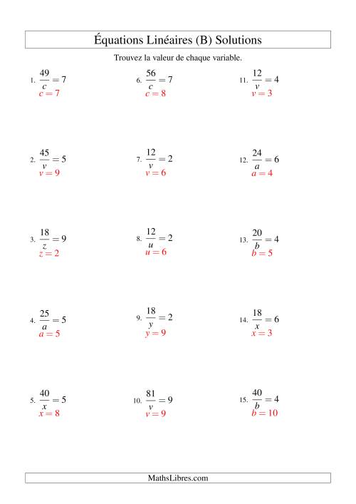 Résolution d'Équations Linéaires -- Forme a/x = c (B) page 2