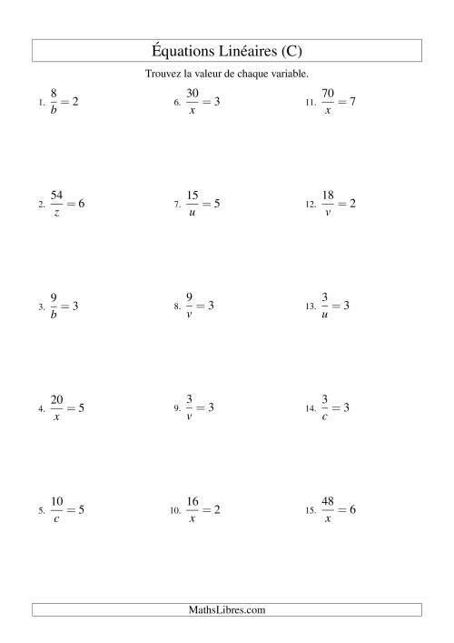 Résolution d'Équations Linéaires -- Forme a/x = c (C)