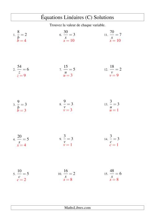 Résolution d'Équations Linéaires -- Forme a/x = c (C) page 2