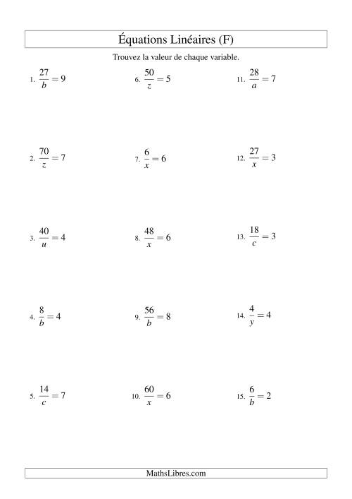 Résolution d'Équations Linéaires -- Forme a/x = c (F)