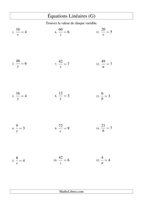 Résolution d'Équations Linéaires -- Forme a/x = c (G)
