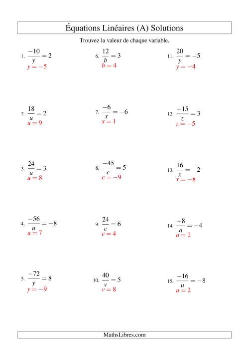 Résolution d'Équations Linéaires (Incluant Valeurs Négatives) -- Forme a/x = c (A) page 2