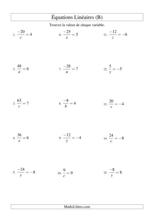 Résolution d'Équations Linéaires (Incluant Valeurs Négatives) -- Forme a/x = c (B)