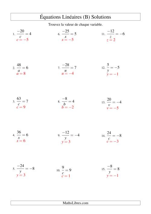 Résolution d'Équations Linéaires (Incluant Valeurs Négatives) -- Forme a/x = c (B) page 2