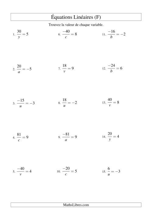 Résolution d'Équations Linéaires (Incluant Valeurs Négatives) -- Forme a/x = c (F)