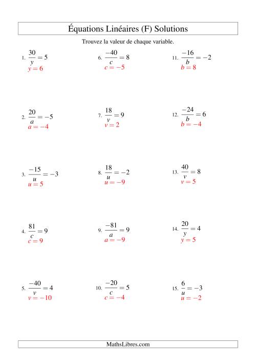 Résolution d'Équations Linéaires (Incluant Valeurs Négatives) -- Forme a/x = c (F) page 2