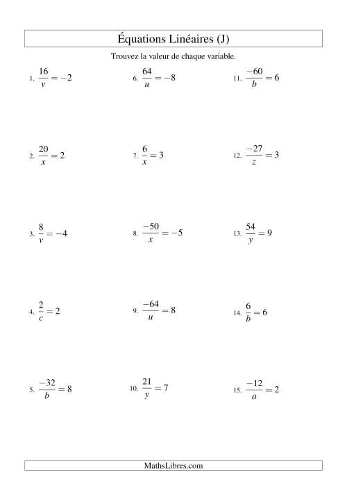 Résolution d'Équations Linéaires (Incluant Valeurs Négatives) -- Forme a/x = c (J)