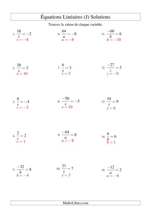 Résolution d'Équations Linéaires (Incluant Valeurs Négatives) -- Forme a/x = c (J) page 2