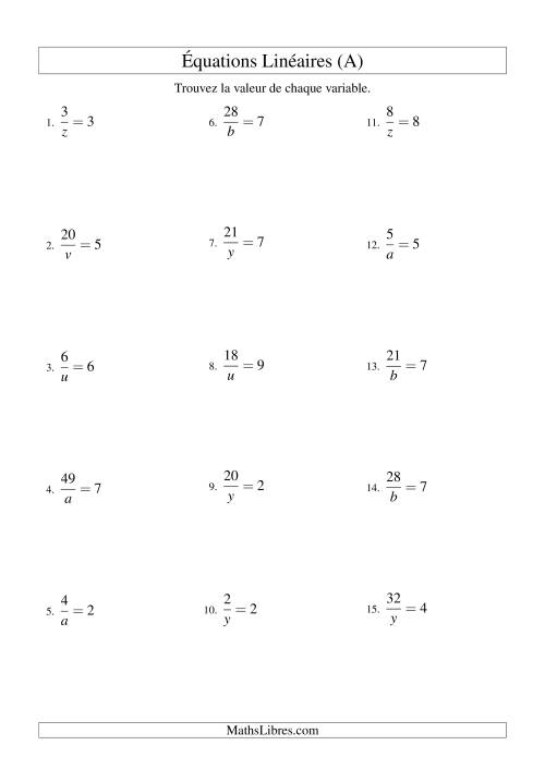 Résolution d'Équations Linéaires -- Forme a/x = c (Tout)
