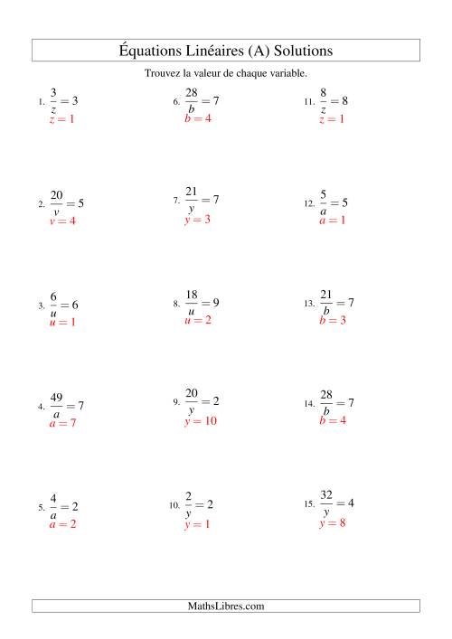 Résolution d'Équations Linéaires -- Forme a/x = c (Tout) page 2