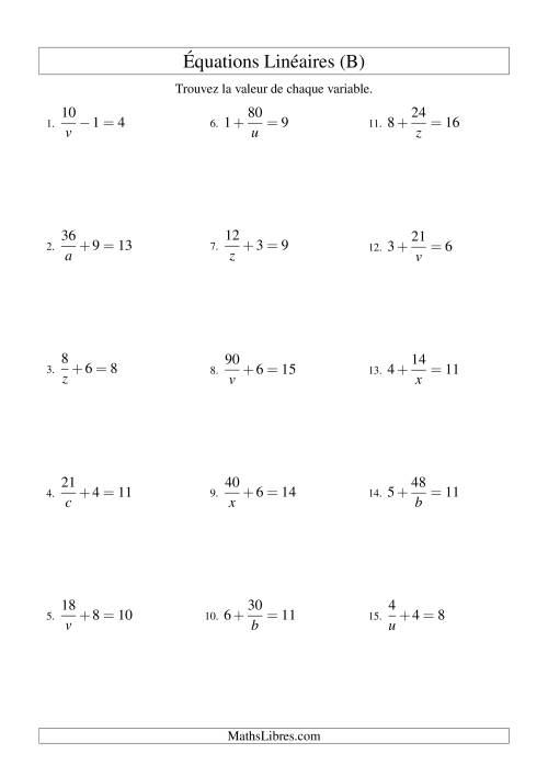Résolution d'Équations Linéaires -- Forme a/x ± b = c (B)