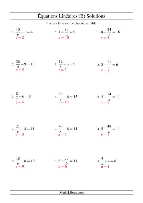 Résolution d'Équations Linéaires -- Forme a/x ± b = c (B) page 2