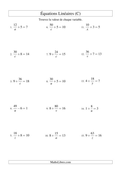 Résolution d'Équations Linéaires -- Forme a/x ± b = c (C)