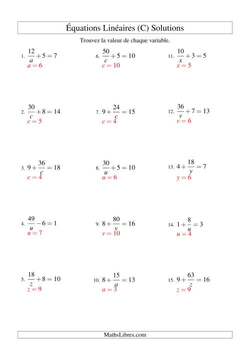 Résolution d'Équations Linéaires -- Forme a/x ± b = c (C) page 2