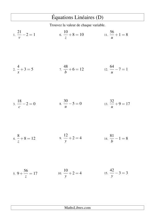 Résolution d'Équations Linéaires -- Forme a/x ± b = c (D)