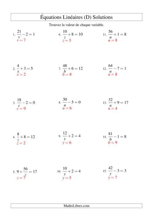 Résolution d'Équations Linéaires -- Forme a/x ± b = c (D) page 2