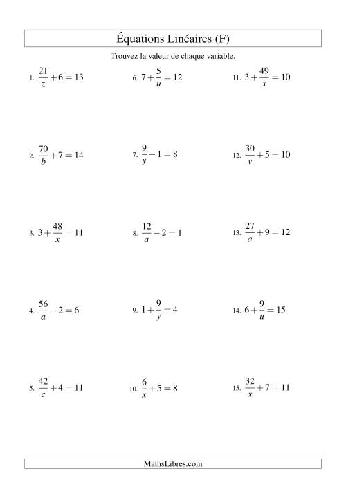 Résolution d'Équations Linéaires -- Forme a/x ± b = c (F)