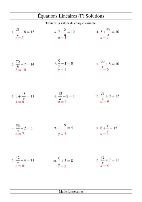 Résolution d'Équations Linéaires -- Forme a/x ± b = c (F) page 2