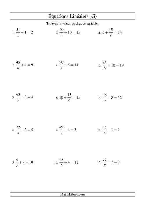 Résolution d'Équations Linéaires -- Forme a/x ± b = c (G)
