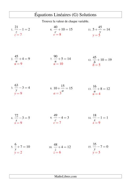 Résolution d'Équations Linéaires -- Forme a/x ± b = c (G) page 2