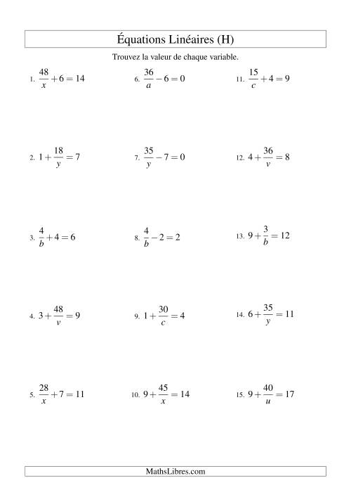 Résolution d'Équations Linéaires -- Forme a/x ± b = c (H)