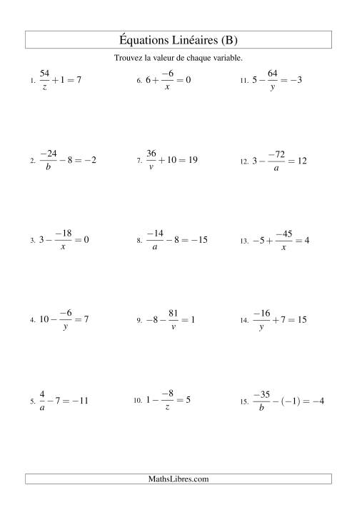 Résolution d'Équations Linéaires (Incluant Valeurs Négatives) -- Forme a/x ± b = c (B)