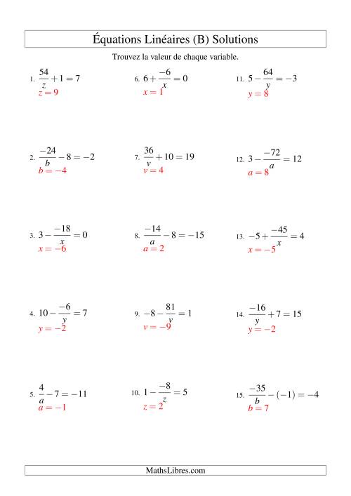 Résolution d'Équations Linéaires (Incluant Valeurs Négatives) -- Forme a/x ± b = c (B) page 2