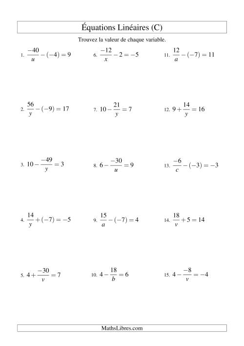 Résolution d'Équations Linéaires (Incluant Valeurs Négatives) -- Forme a/x ± b = c (C)