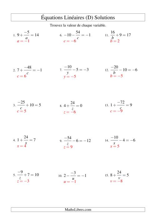Résolution d'Équations Linéaires (Incluant Valeurs Négatives) -- Forme a/x ± b = c (D) page 2