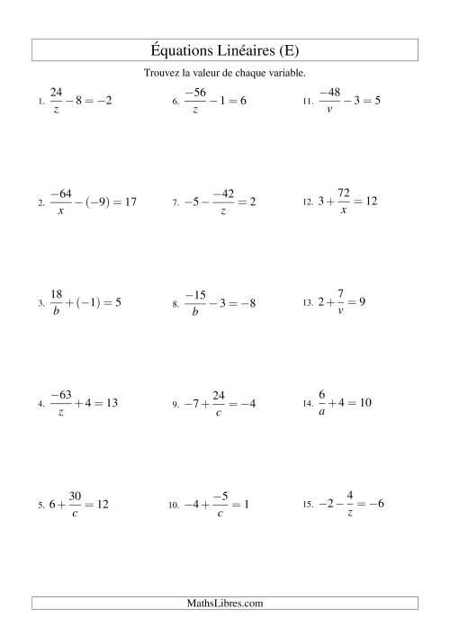 Résolution d'Équations Linéaires (Incluant Valeurs Négatives) -- Forme a/x ± b = c (E)
