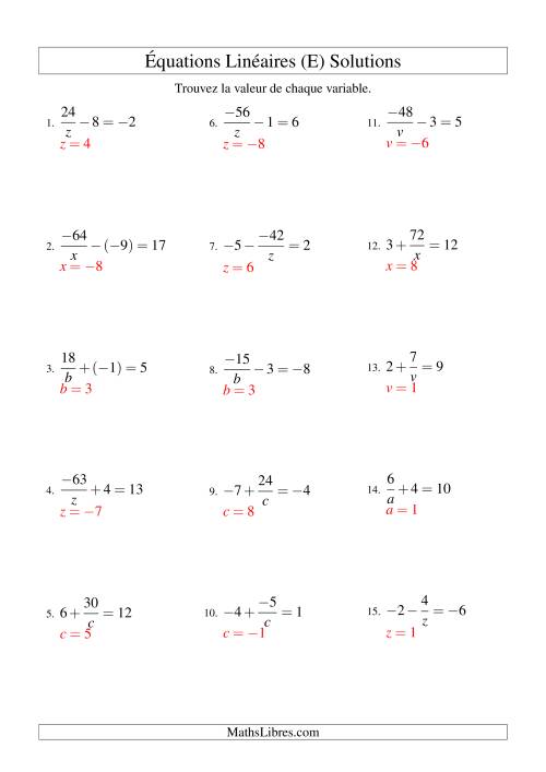 Résolution d'Équations Linéaires (Incluant Valeurs Négatives) -- Forme a/x ± b = c (E) page 2