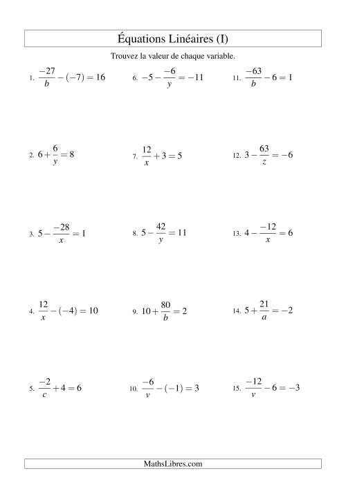 Résolution d'Équations Linéaires (Incluant Valeurs Négatives) -- Forme a/x ± b = c (I)