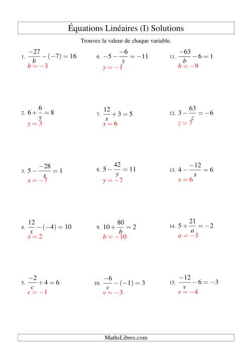Résolution d'Équations Linéaires (Incluant Valeurs Négatives) -- Forme a/x ± b = c (I) page 2
