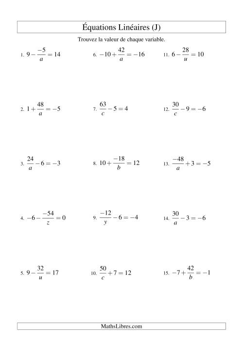 Résolution d'Équations Linéaires (Incluant Valeurs Négatives) -- Forme a/x ± b = c (J)