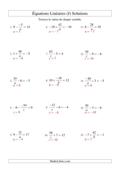 Résolution d'Équations Linéaires (Incluant Valeurs Négatives) -- Forme a/x ± b = c (J) page 2