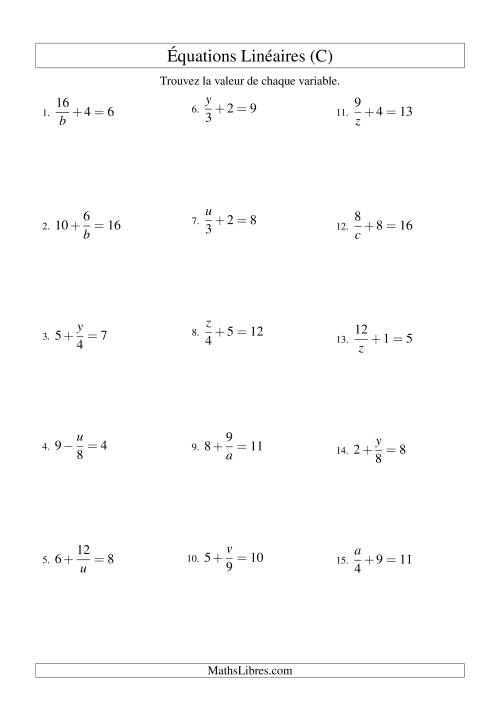 Résolution d'Équations Linéaires -- Forme x/a ± b = c (C)