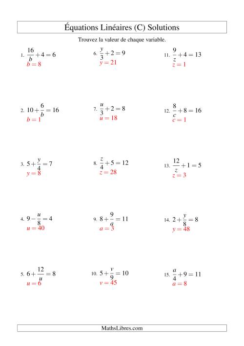 Résolution d'Équations Linéaires -- Forme x/a ± b = c (C) page 2