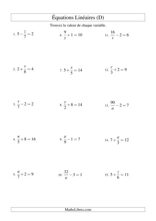 Résolution d'Équations Linéaires -- Forme x/a ± b = c (D)