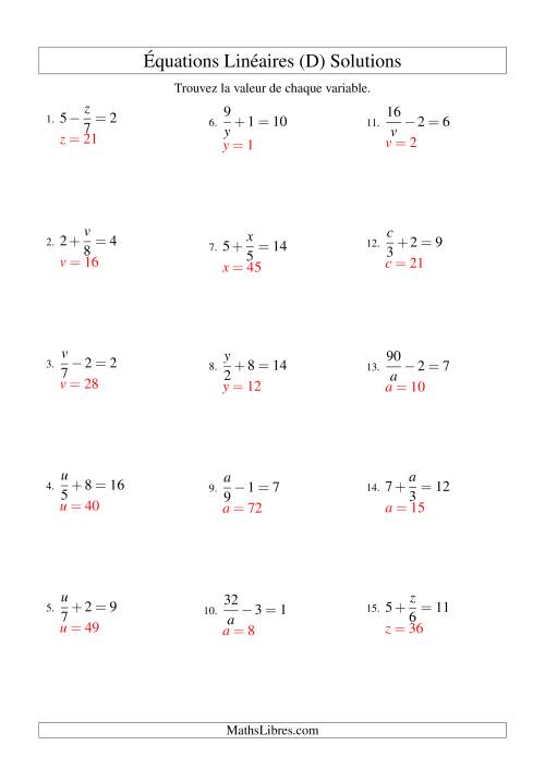 Résolution d'Équations Linéaires -- Forme x/a ± b = c (D) page 2