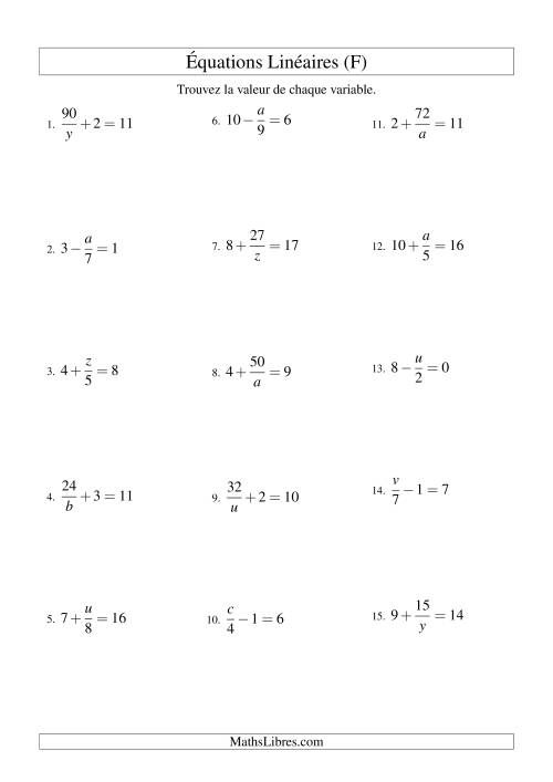 Résolution d'Équations Linéaires -- Forme x/a ± b = c (F)