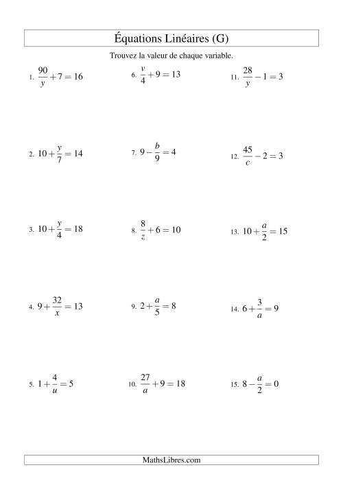 Résolution d'Équations Linéaires -- Forme x/a ± b = c (G)