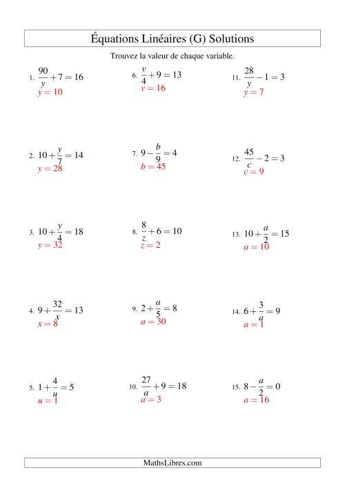 Résolution d'Équations Linéaires -- Forme x/a ± b = c (G) page 2